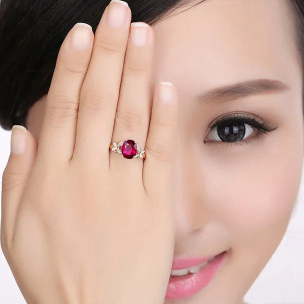 Women's 18k rose gold butterfly ring with heart shape design on copper material in red and blue colour options