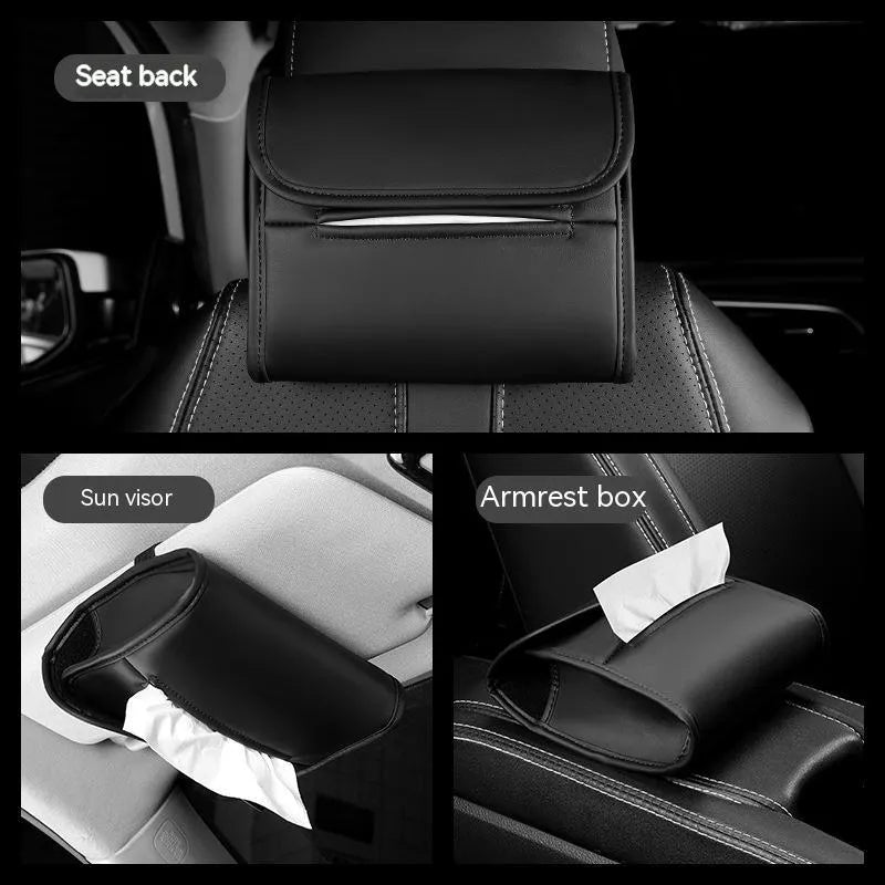 Brown leather car tissue box with elastic band, shown mounted on a car sun visor.