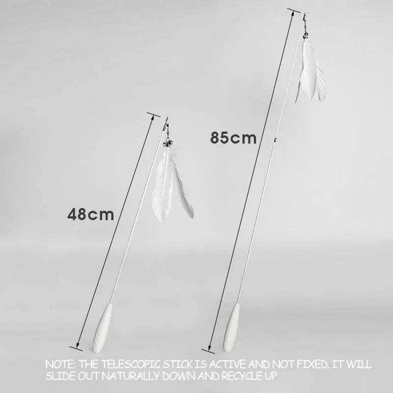 White telescopic cat fishing rod extended with goose feather lure and removable pen attachment
