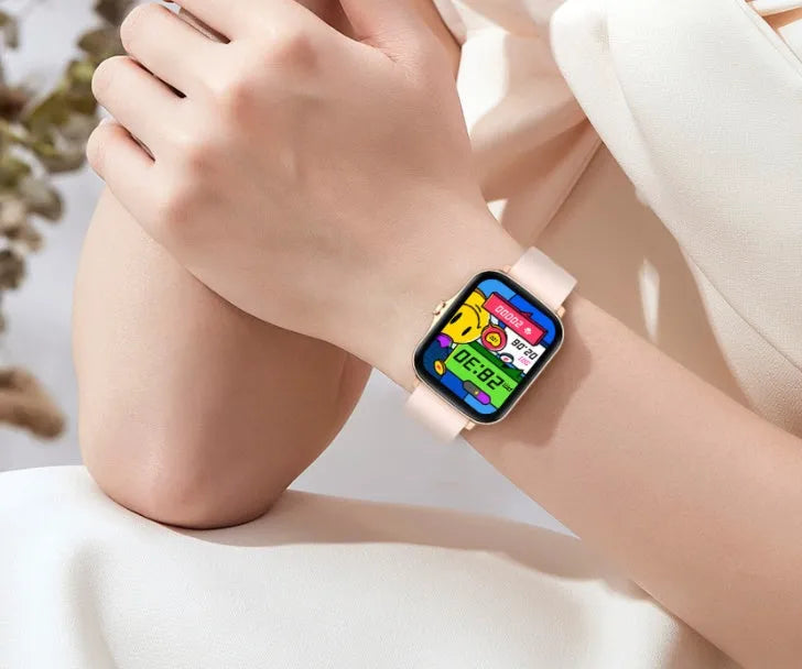 Black smart sports watch with colour touch screen on adjustable strap, showing heart rate data.