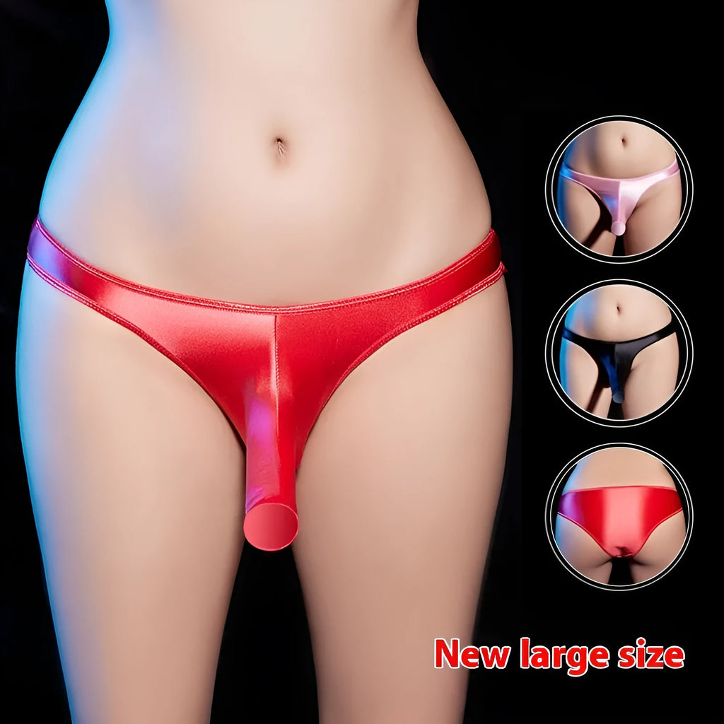 Men's low waist T-back underwear in shiny nylon fabric, shown in black colour.