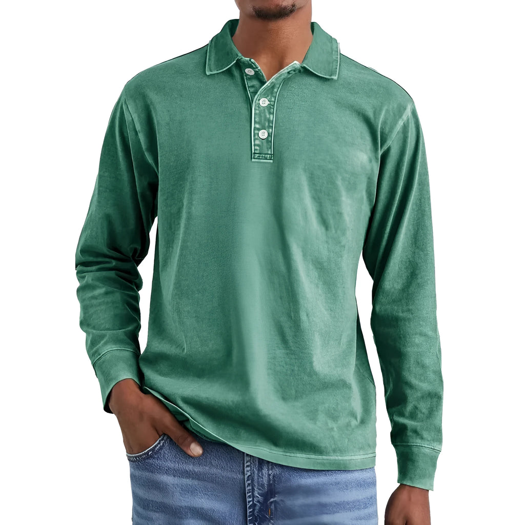 Men's distressed cotton lapel polo shirt in retro washed army green with long sleeves