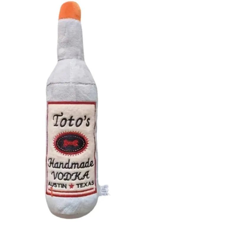 Brown plush wine bottle shaped dog toy with squeaky feature for interactive chew play