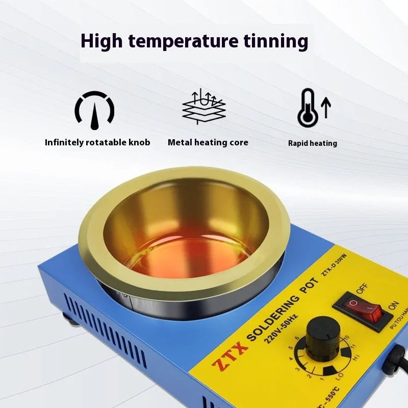 Adjustable temperature desktop tin melting furnace for soldering, titanium-plated, with power control.