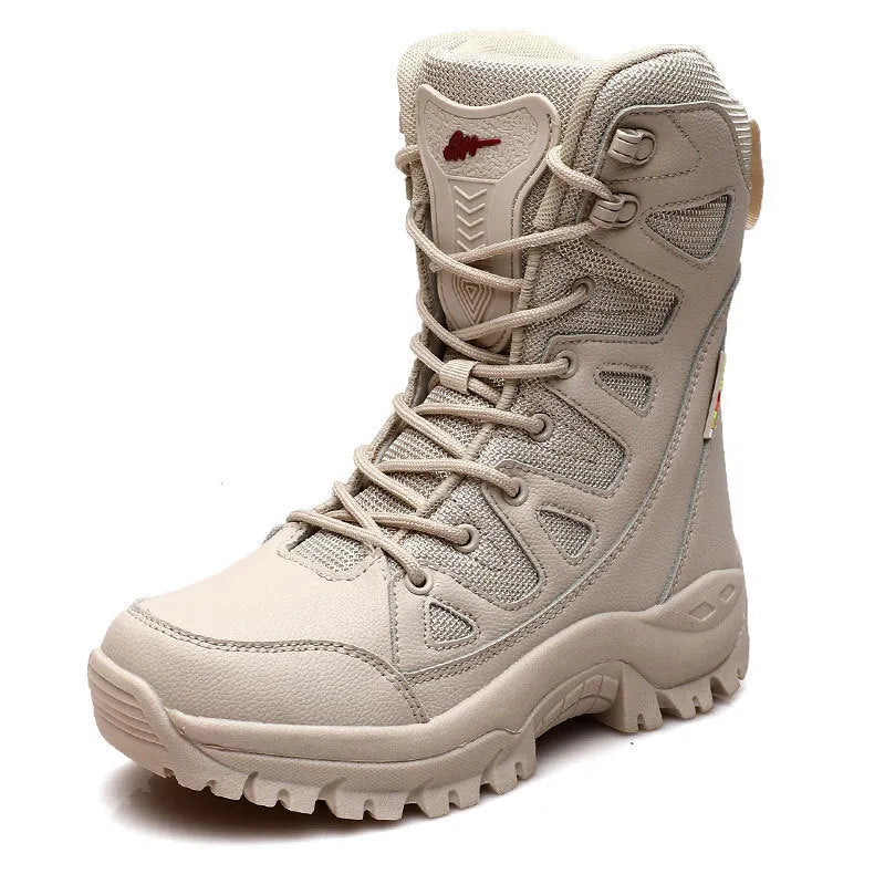 Men's cowhide leather hi-top hiking shoes with platform sole in beige colour