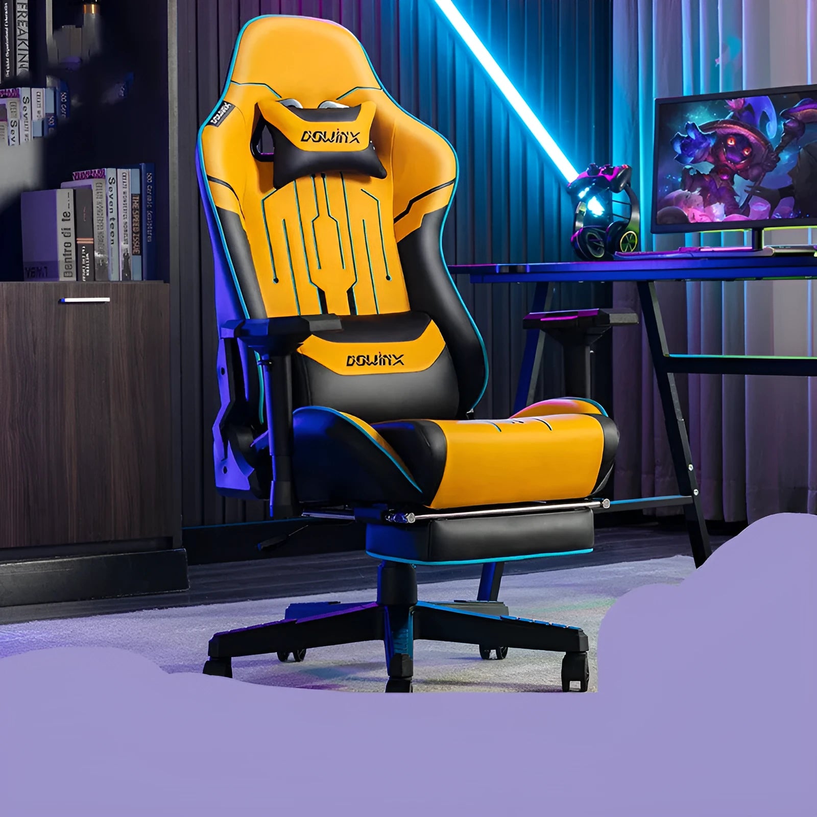 Black Dowinx LS-6010 gaming chair with 4D adjustable armrests and leather upholstery.