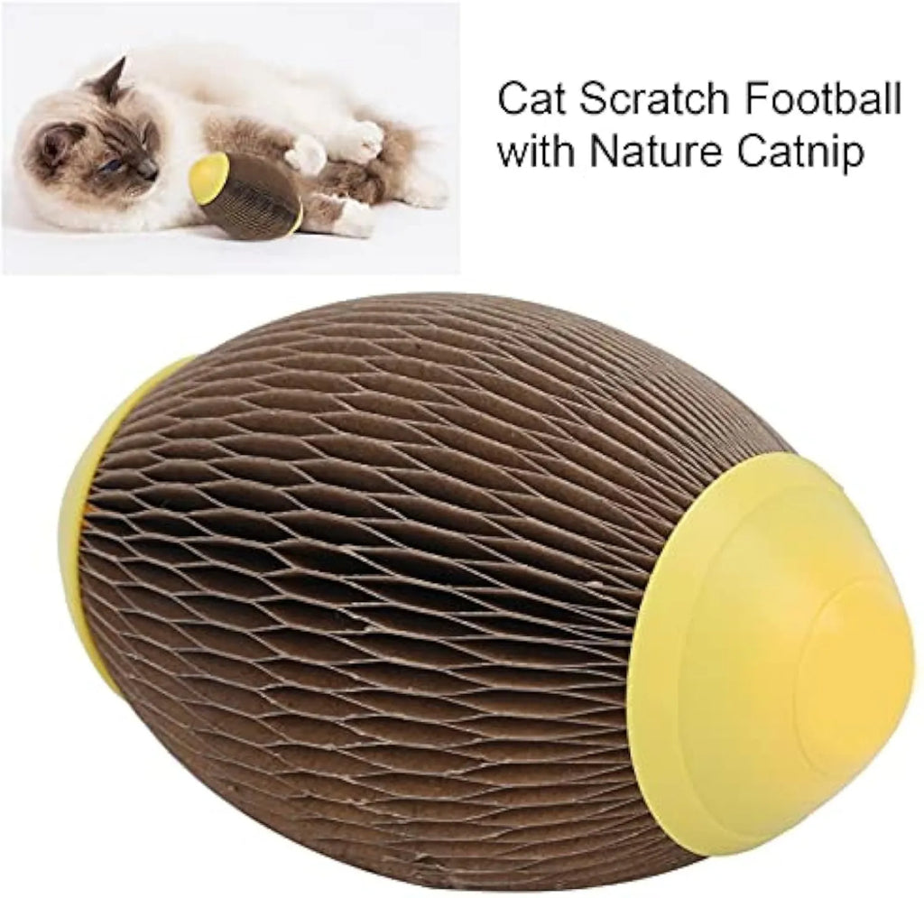 Green ellipse‑shaped corrugated paper catnip ball toy with scratch surface on a white background