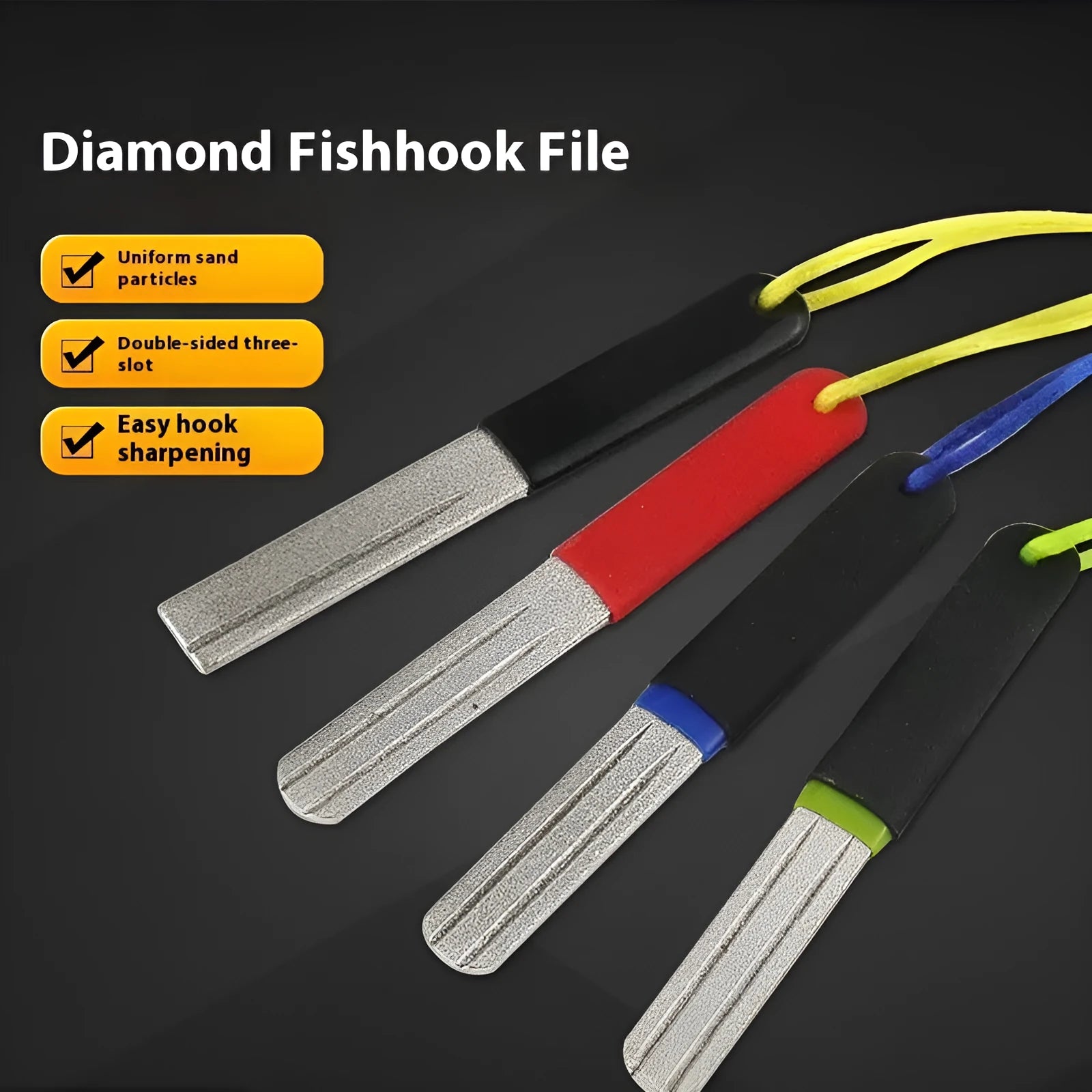 Diamond fishing hook file portable sharpening tool in red, black, black green, and black blue colours