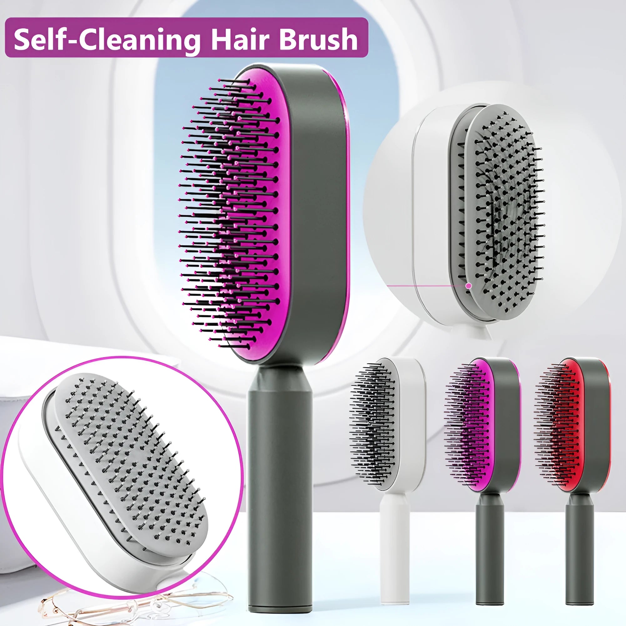 Self-cleaning hair brush with one-key button, air cushion base, and long bristles on a white background.