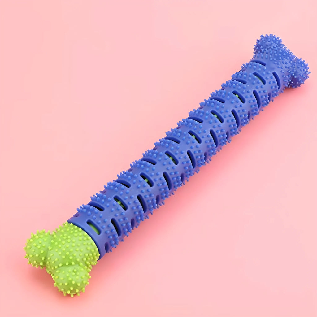 Blue green silicone dog dental cleaning stick with brush bristles and massage nodules, 25cm long
