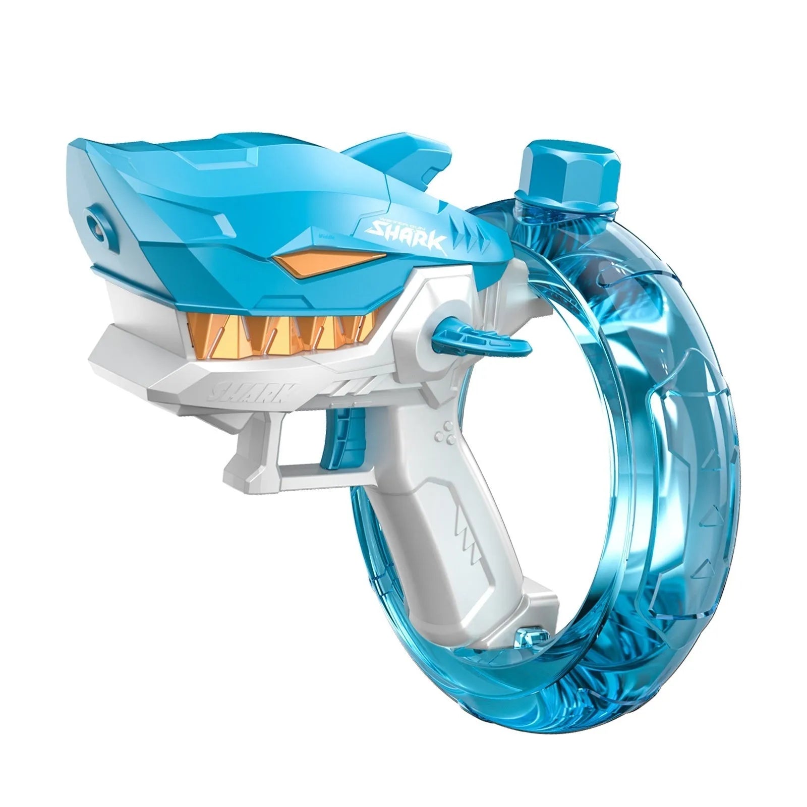 Blue Shark electric water gun toy with large water tank and USB charging port