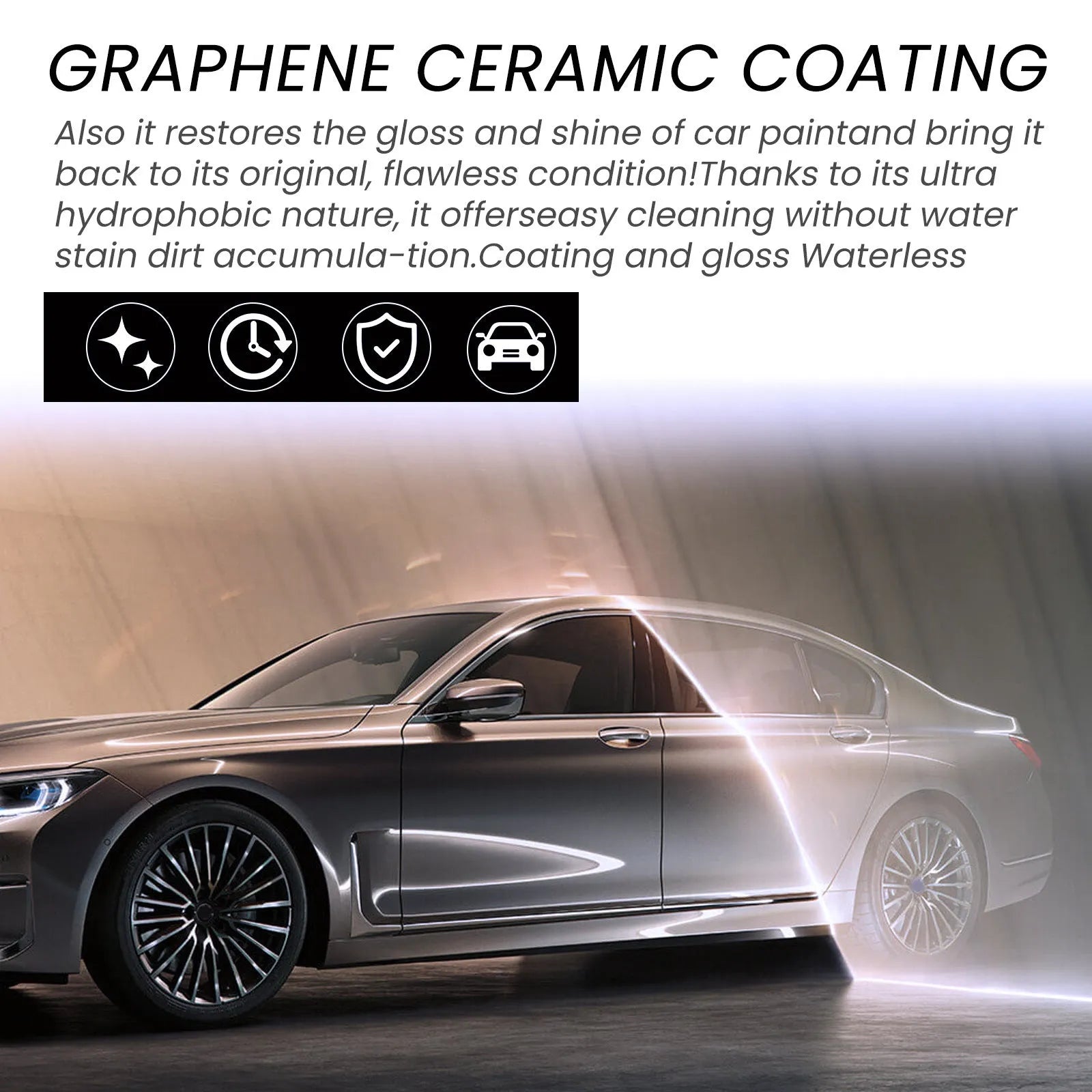 70ml bottle of graphene ceramic car coating with sponge, microfiber towel, gloves, and applicator cloths.