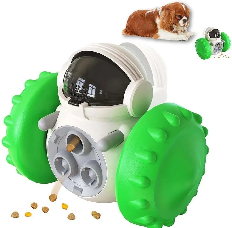 Self-balancing dog treat dispenser toy in robot design with tumbler mechanism