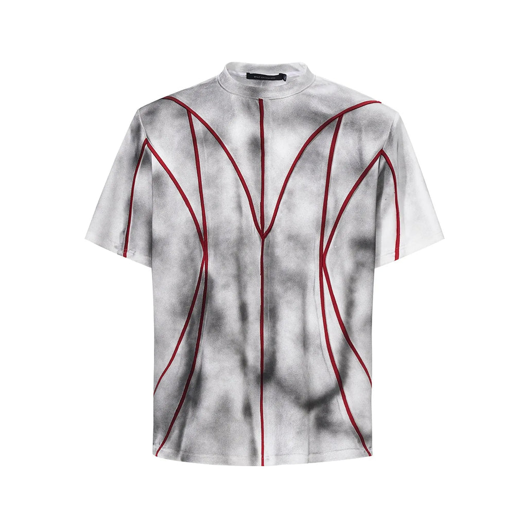 Short sleeve T-shirt with padded shoulders and three-dimensional line patchwork detail on a round neck