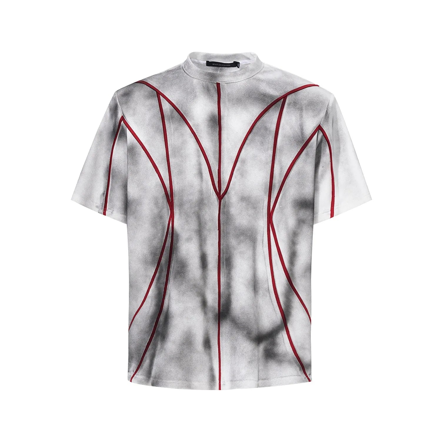 Short sleeve T-shirt with padded shoulders and three-dimensional line patchwork detail on a round neck