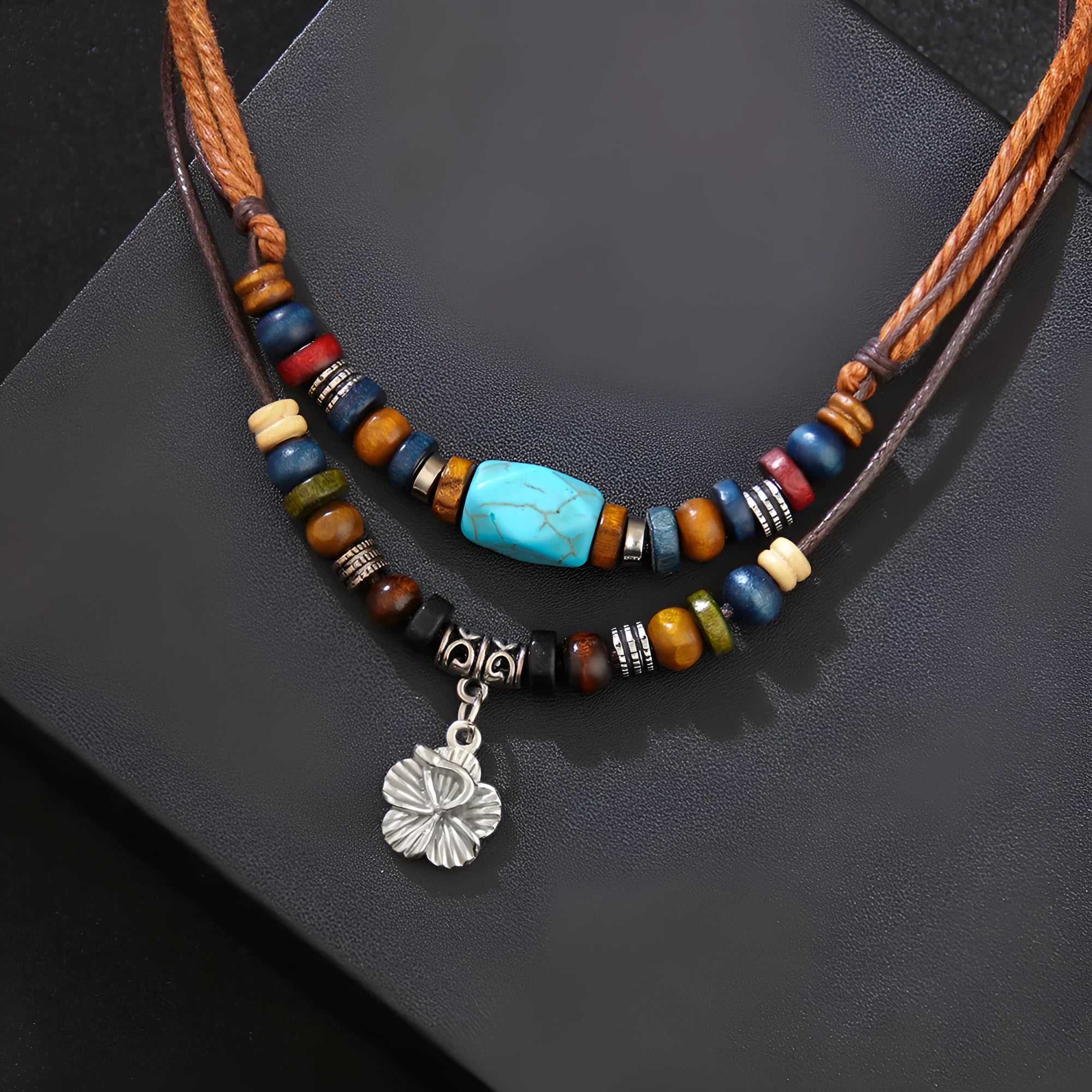Men's wooden bead necklace with turquoise wax rope cord and alloy geometric floral pendant
