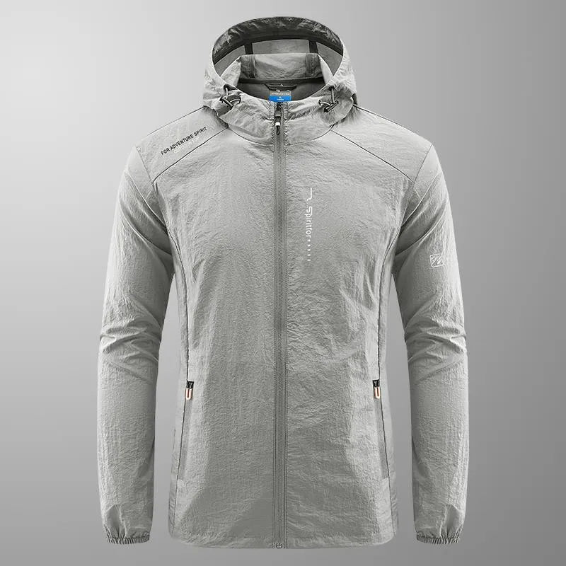 Men's thin nylon summer hooded jacket in light grey colour showing loose fit design