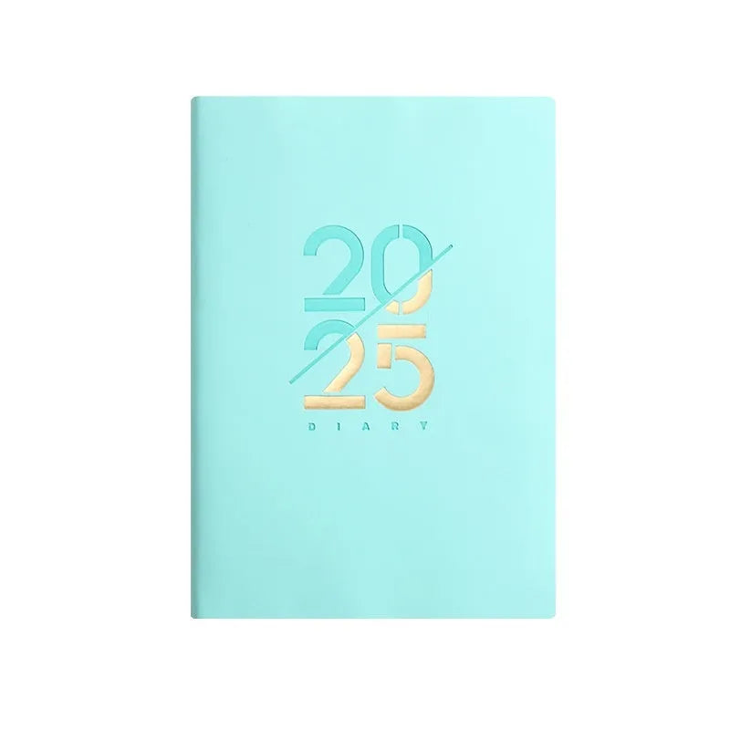 A5 faux leather daily schedule book open showing Dorian paper pages with binding detail