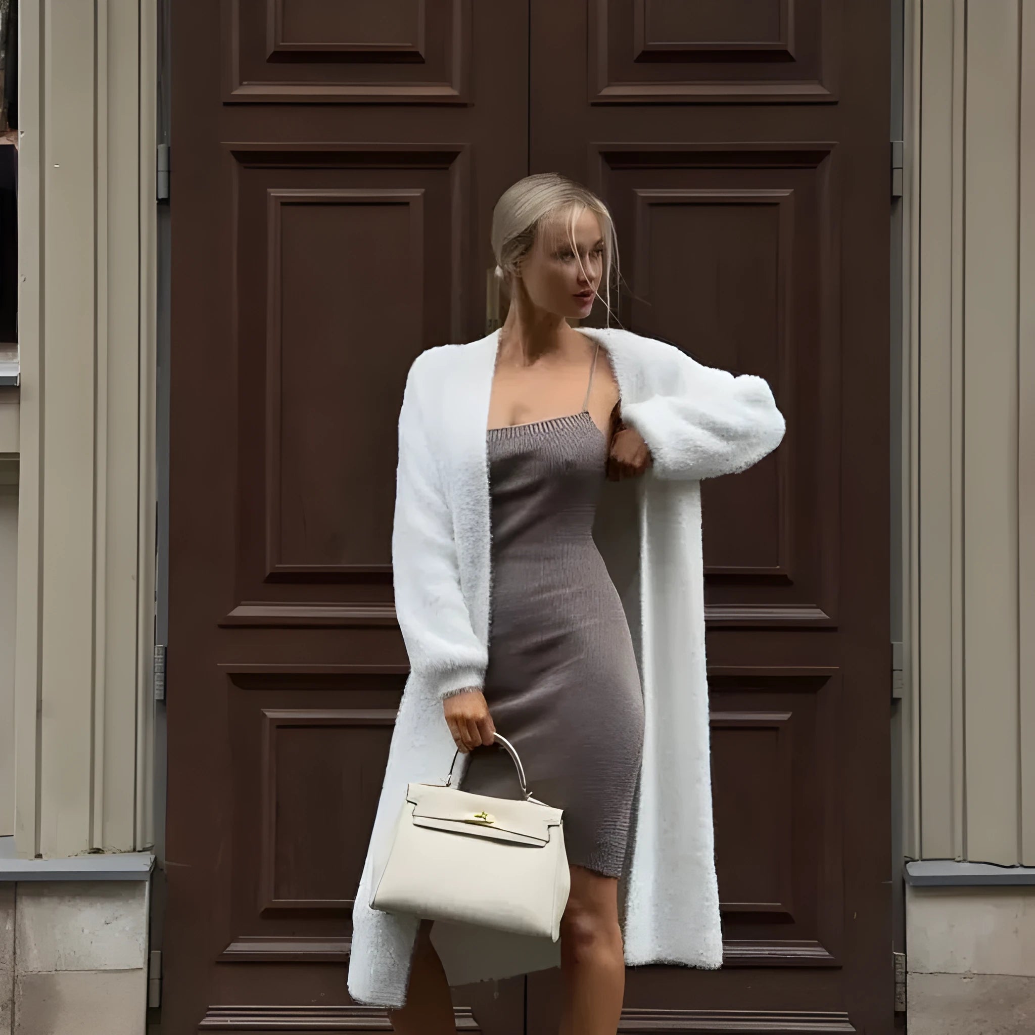 White longline women's cardigan with loose fit and regular long sleeves.