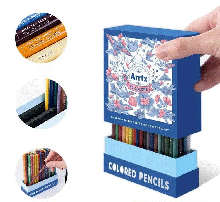 Set of 72 or 126 coloured art pencils with basswood barrels in boxed packaging.