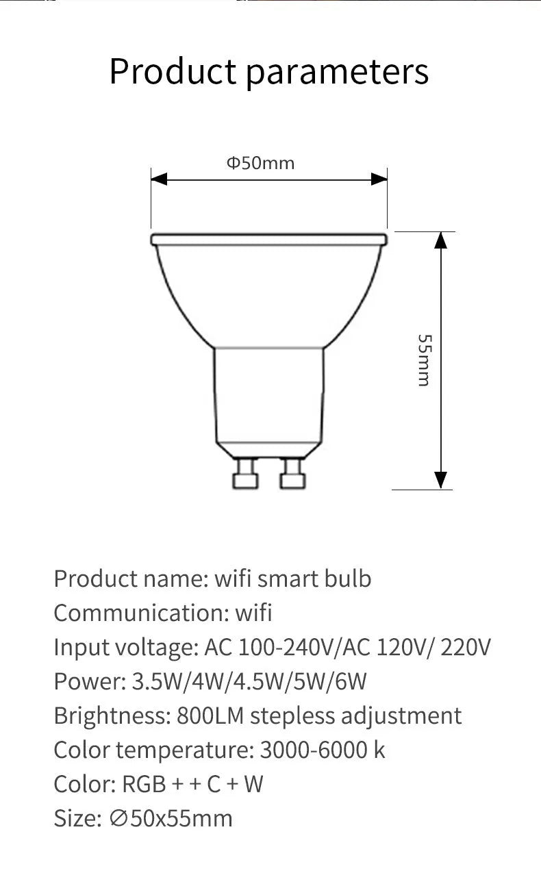 GU10 RGBCCT smart spotlight with wifi and voice control, 50mm diameter by 55mm length