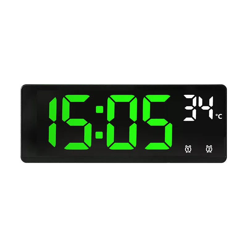 Electronic LED alarm clock with large digital display showing time and temperature, in acrylic blue and white colour.