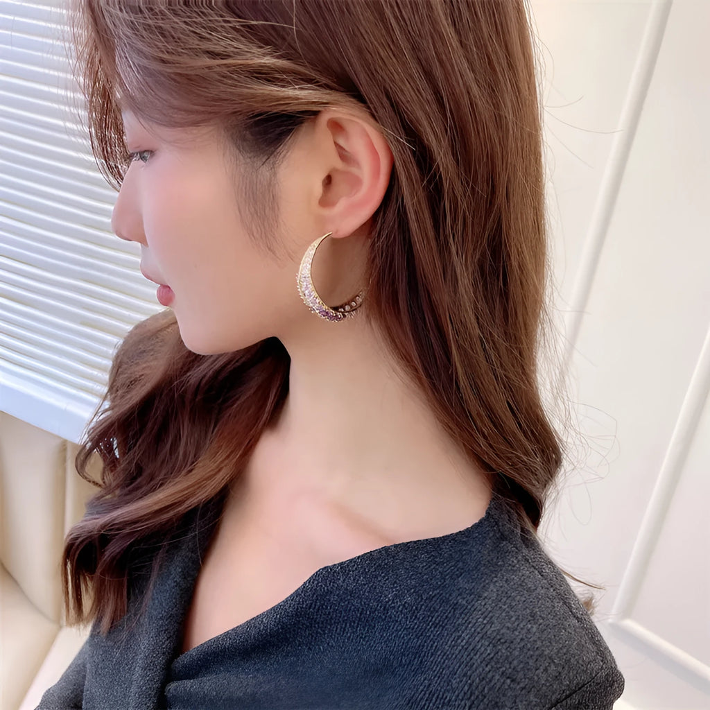 Geometric copper hoop earrings for women in gold, purple, green, black or silver electroplated colours, showing 4.3cm by 4.5cm size.