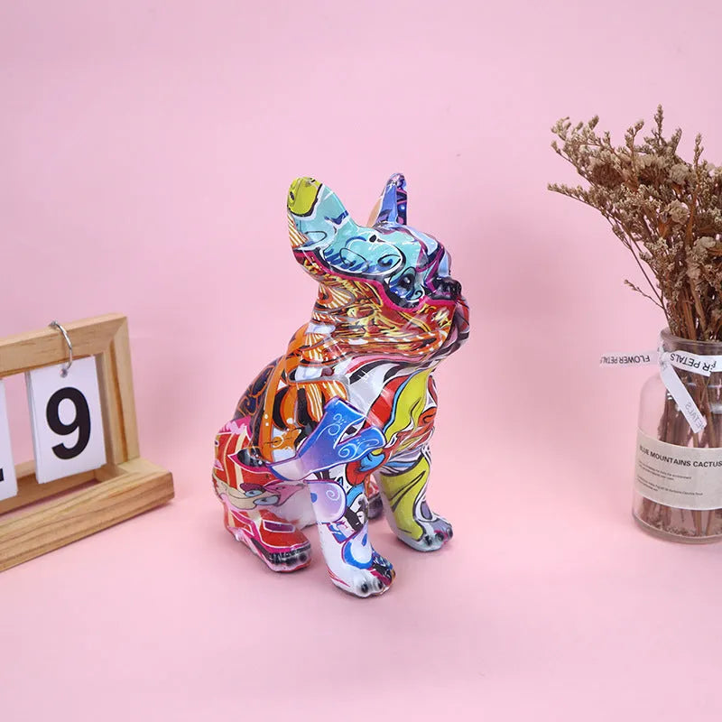 Modern graffiti-colour French Bulldog resin statue on a shelf