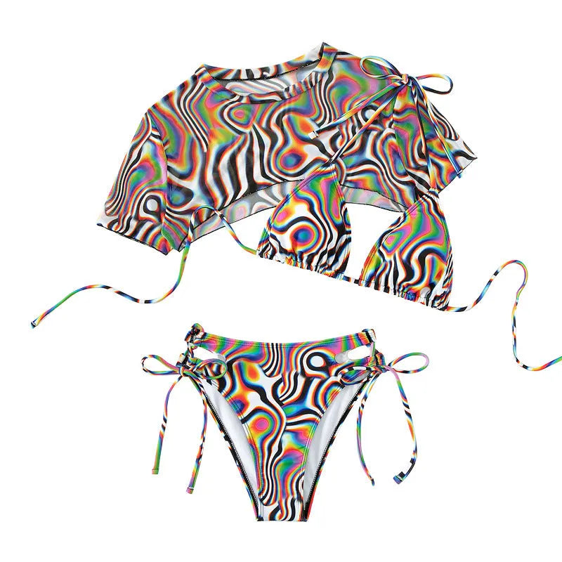 Colourful red women's rope mesh bikini swimsuit set on a white background.