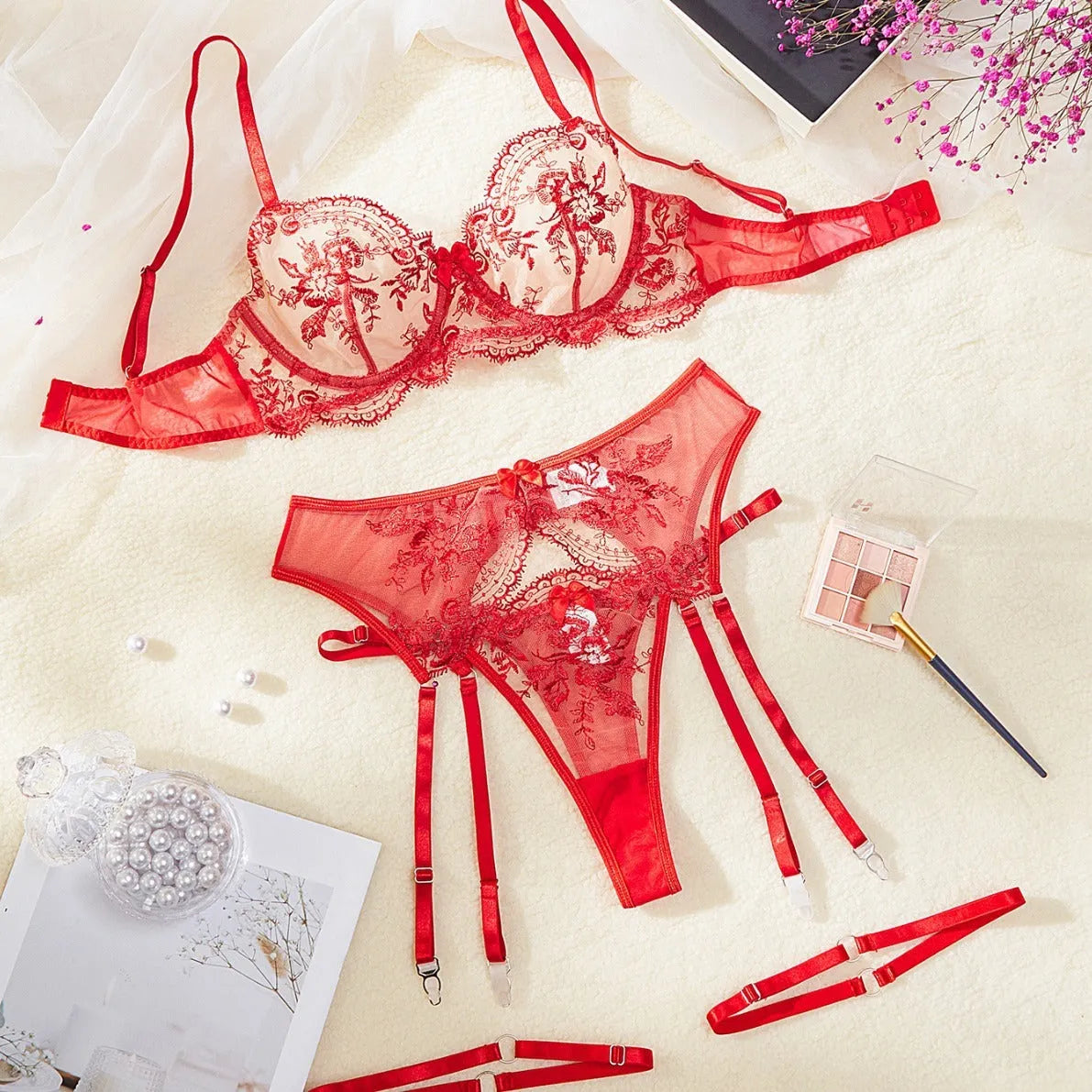 Women's embroidered sheer underwear set with cutout detailing in black