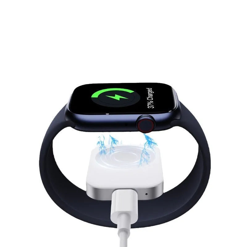 Compact black three-in-one magnetic wireless charger for iPhone, Apple Watch and AirPods.