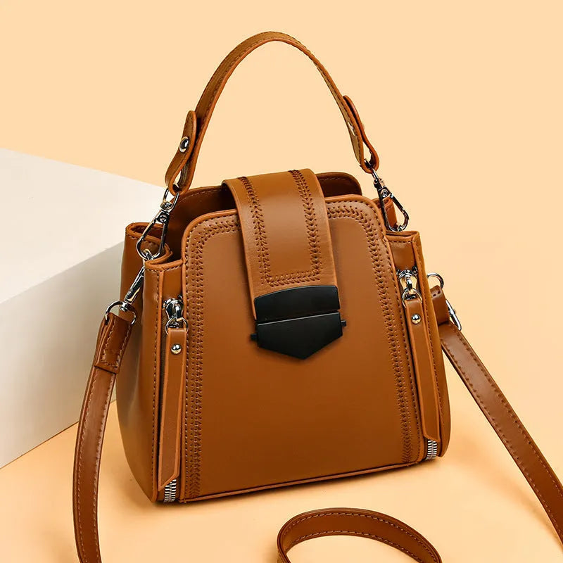 Square vertical soft PU leather ladies handbag with sewing thread detail