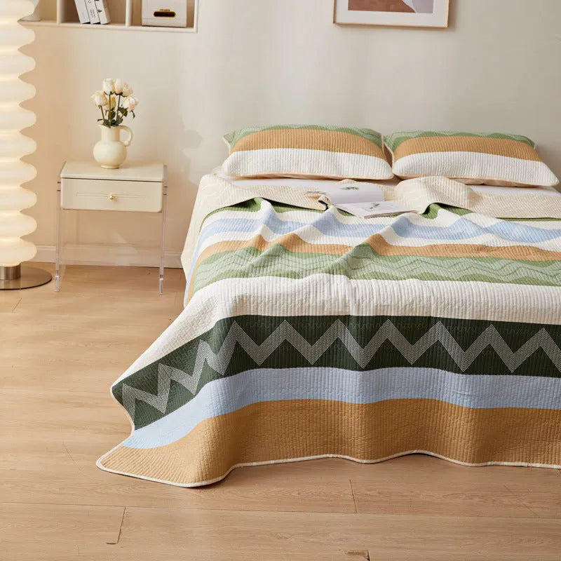 Pure cotton printed bed sheet set showing fitted sheet, flat sheet and pillowcase in modern simple design