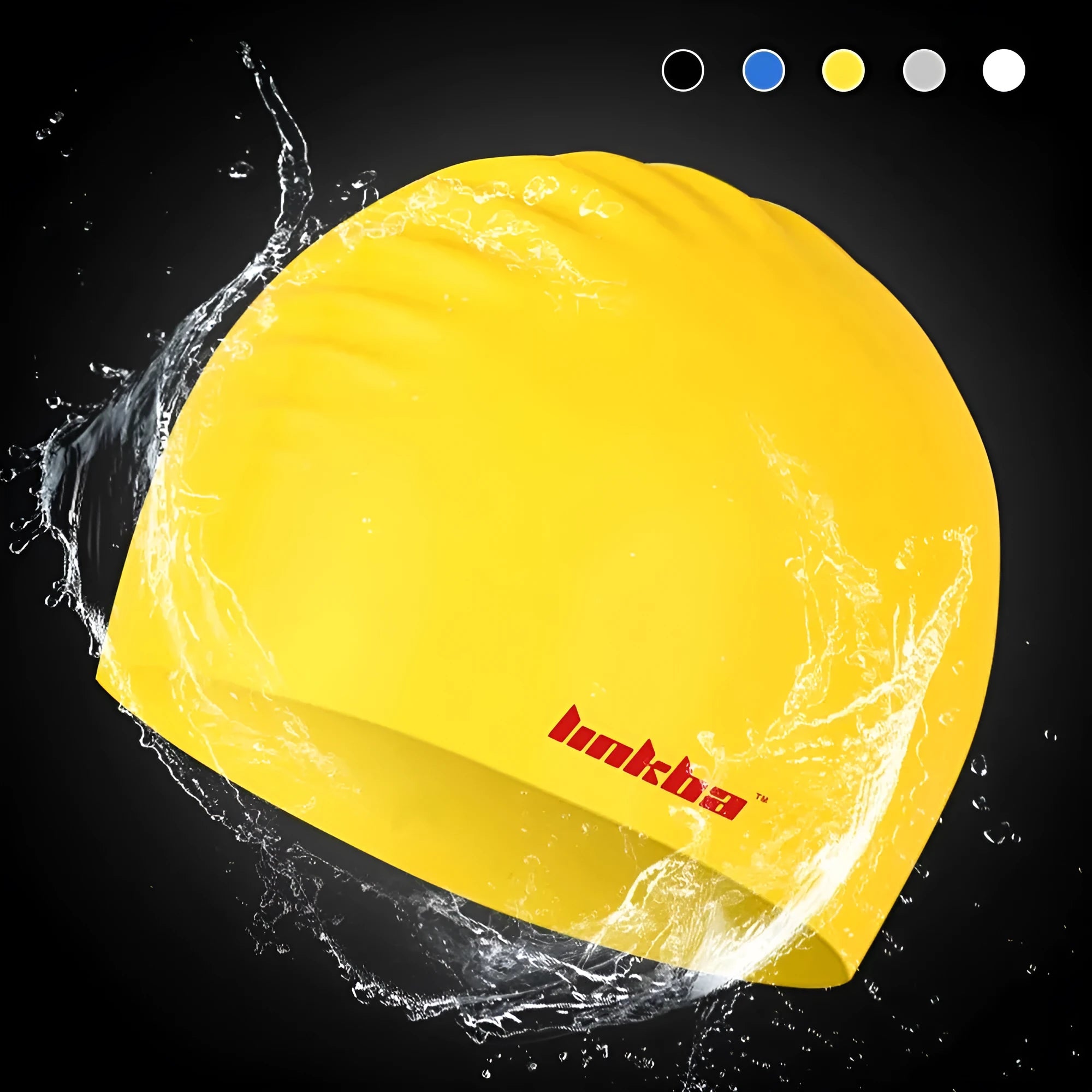 Silicone swimming cap with a coloured earmuff and letter pattern design.