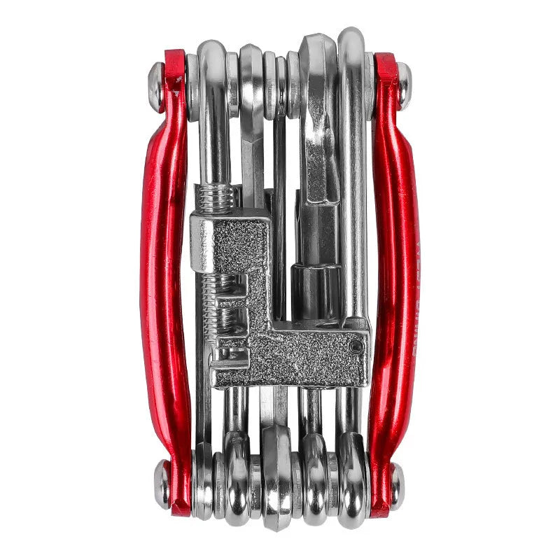 Black aluminium alloy combination bicycle repair tool set with chain breaker in a storage bag