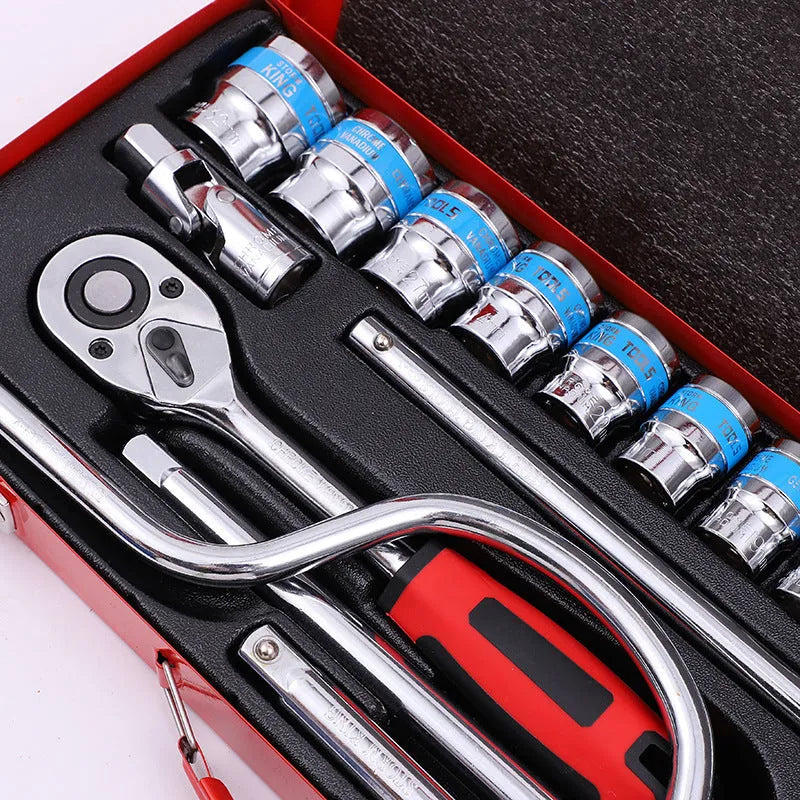 24-piece curved bow car repair wrench combination suit in storage case with chrome vanadium steel sockets