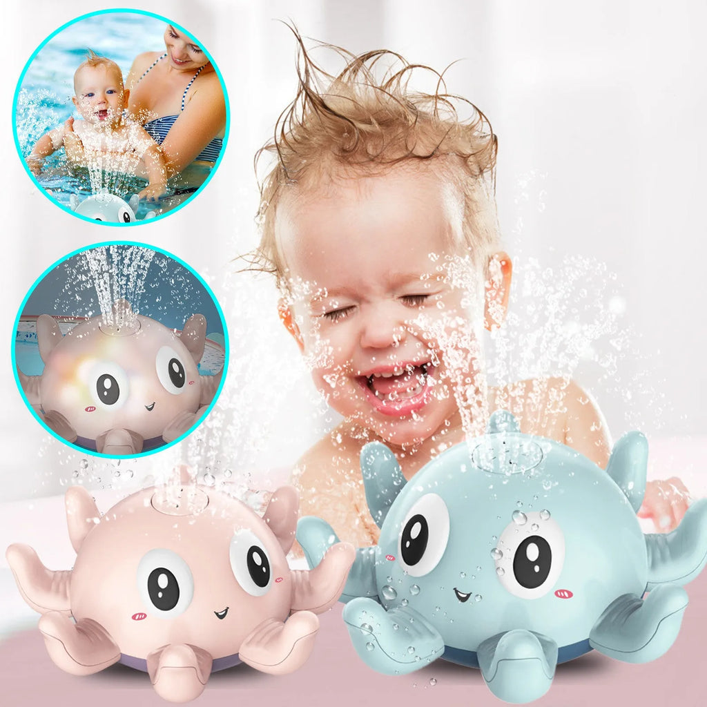 Blue octopus automatic water spray bath toy with flashing lights on a white background