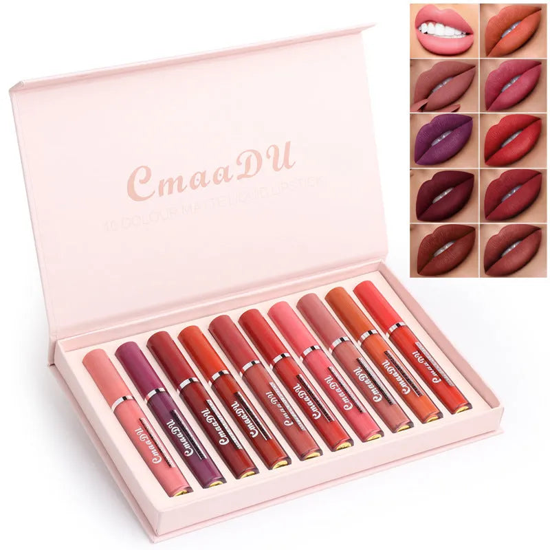 Ten matte lipsticks in a slim black case showing waterproof non-stick cup formula.