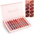 Ten matte lipsticks in a slim black case showing waterproof non-stick cup formula.
