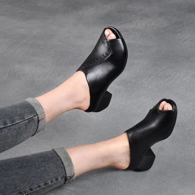 Women's black square heel peep-toe slitters with artificial PU upper and rubber sole