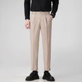 Men's straight-leg suit trousers in polyester for business casual wear, shown in khaki colour.