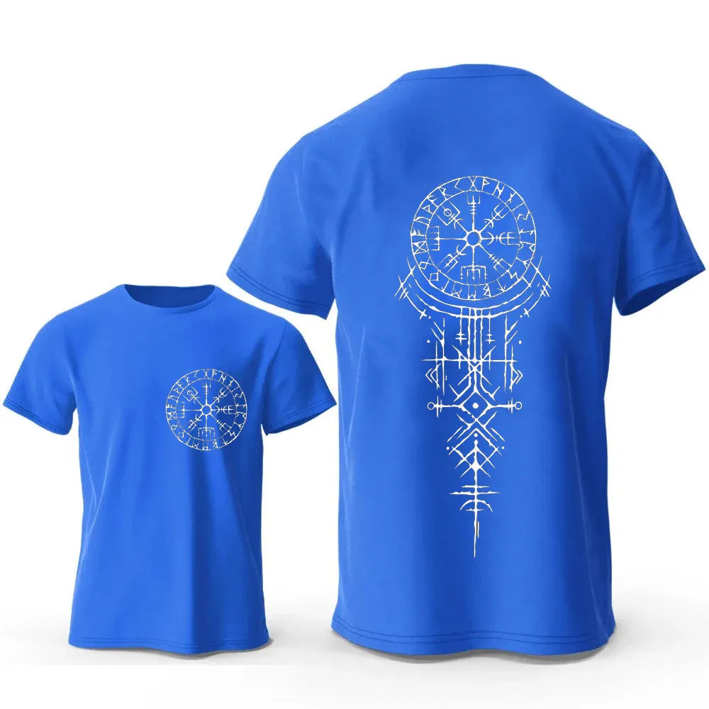 Men's grey T-shirt with a detailed Viking rune compass and smiling face graphic print on the front.