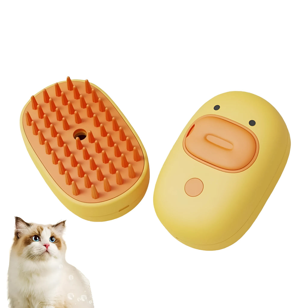 White rechargeable pet steam brush with rubber comb teeth and water tank