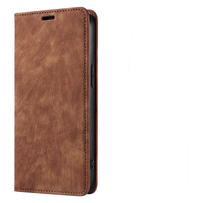 Magnetic flip phone case in genuine leather and TPU for iPhone models with front cover closed