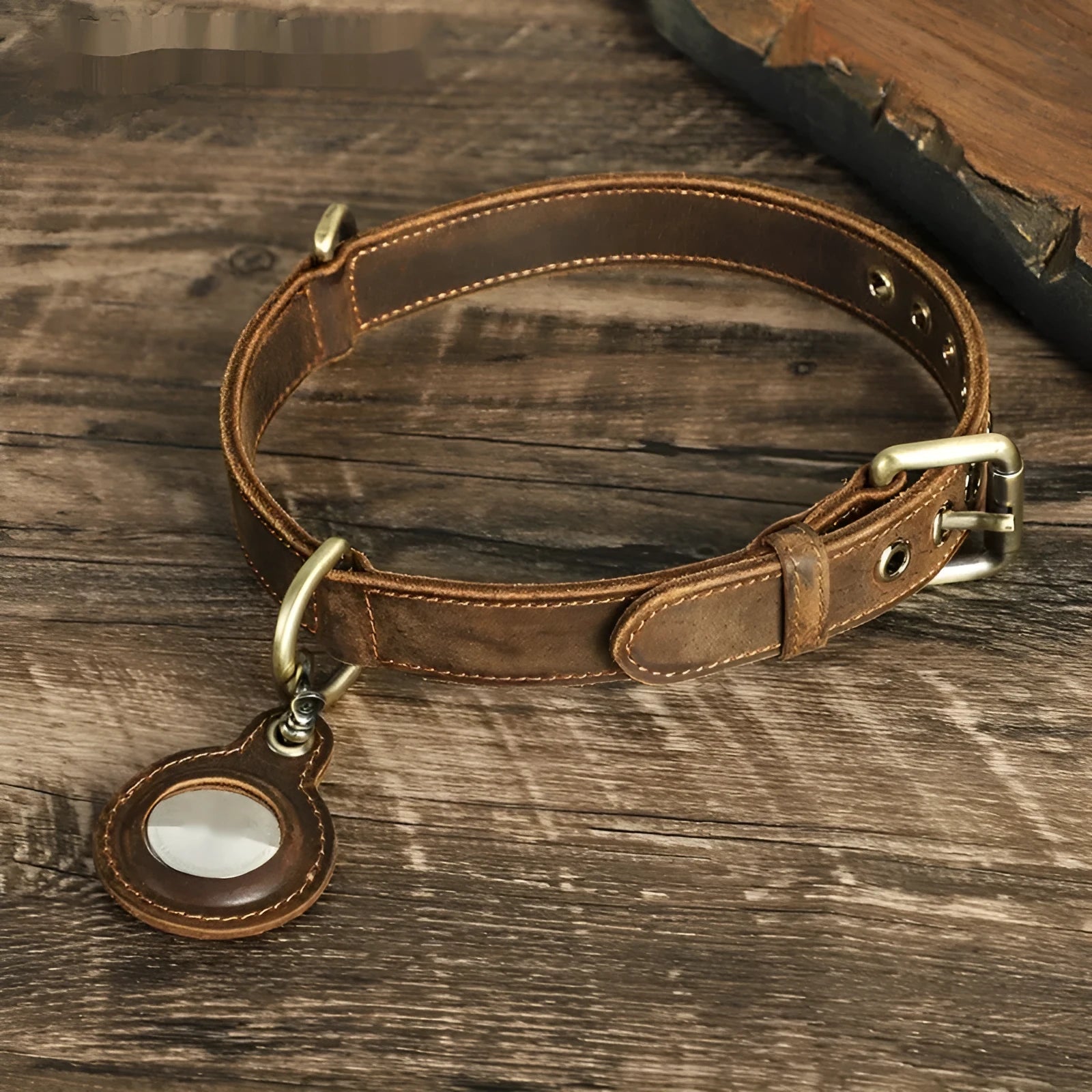 Brown retro double-sided cowhide dog collar with handmade halter positioning system