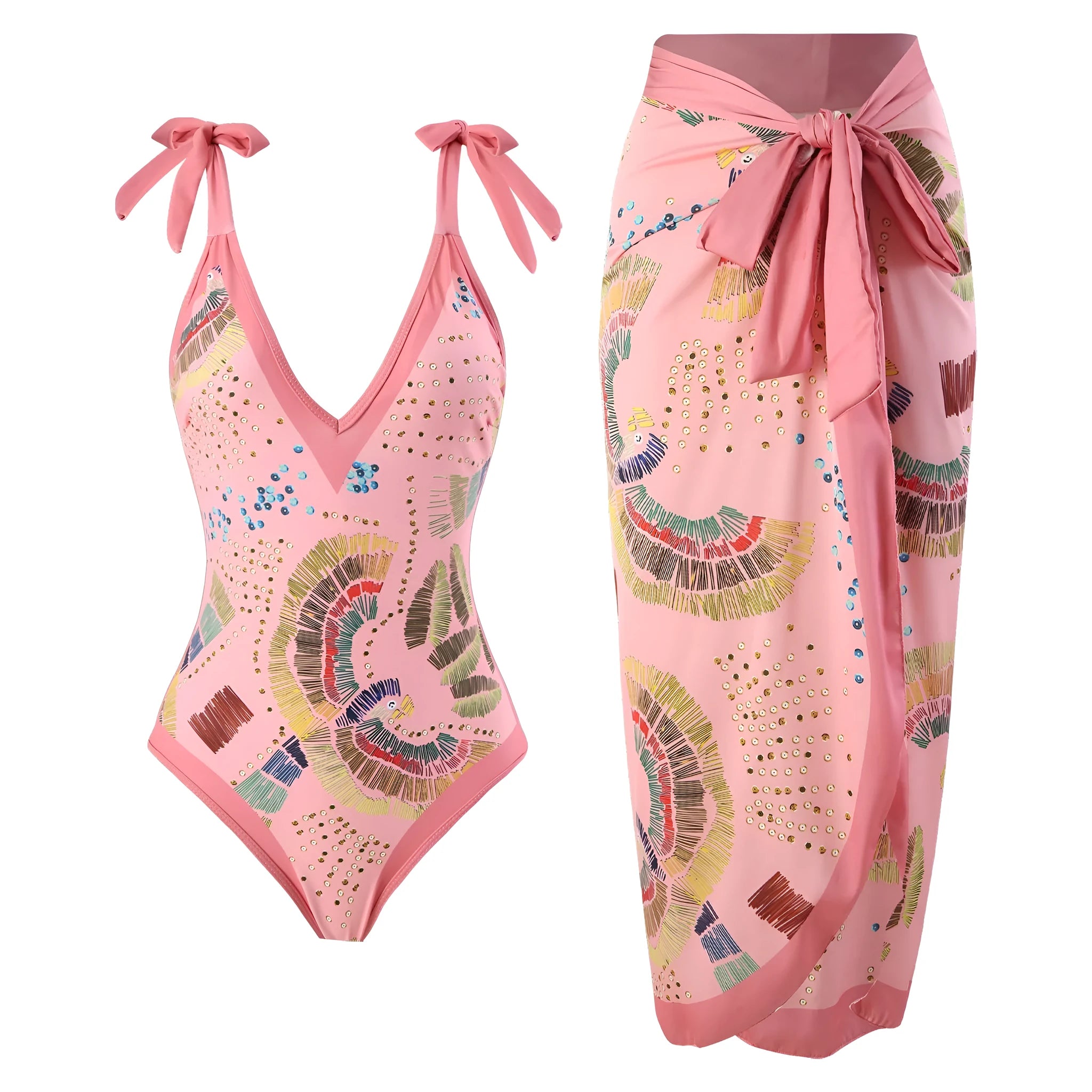 Women's blue French retro one-piece swimsuit with matching gauze skirt on beach