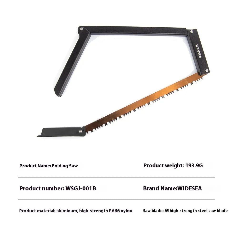 Black foldable outdoor survival saw with aluminium frame in open and closed positions.