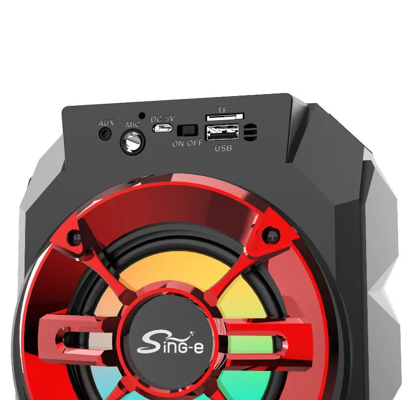 Portable Bluetooth audio speaker with colour lights and pull rod handle in blue, red, or silver grey