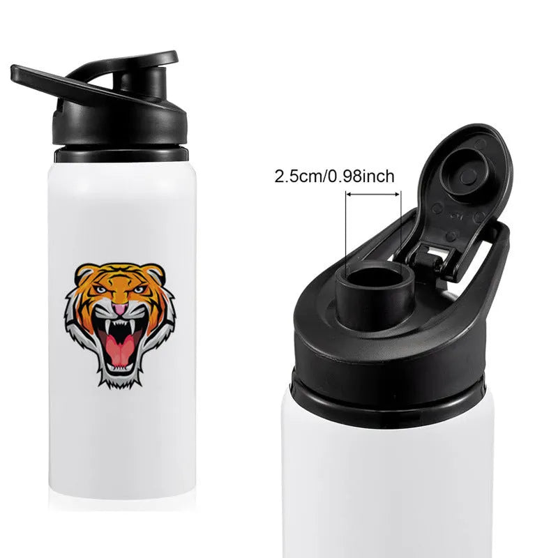 White aluminium sports water bottle showing 600ml and 750ml capacity options for cycling and outdoor use
