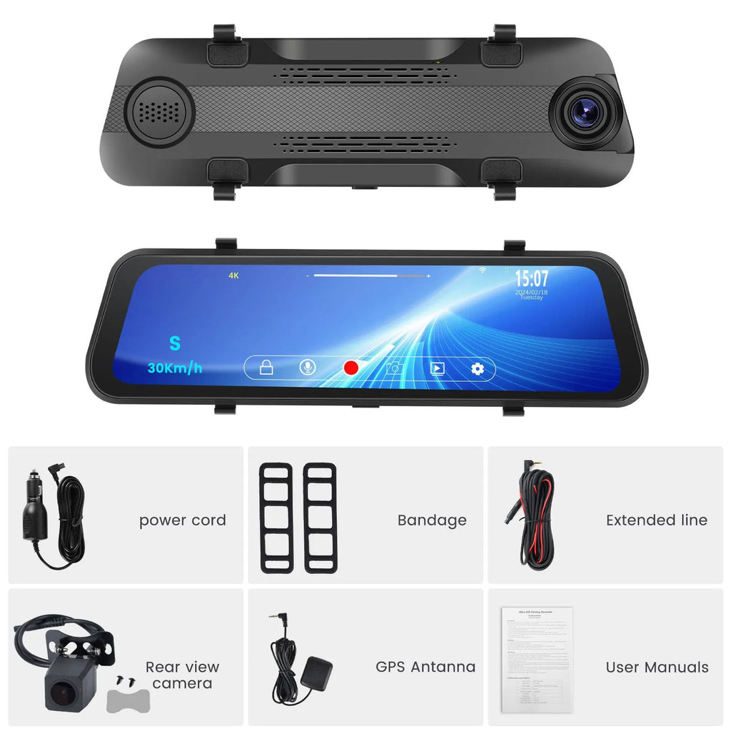 Streaming media rearview mirror with large touch screen mounted in a car, showing dual camera display.